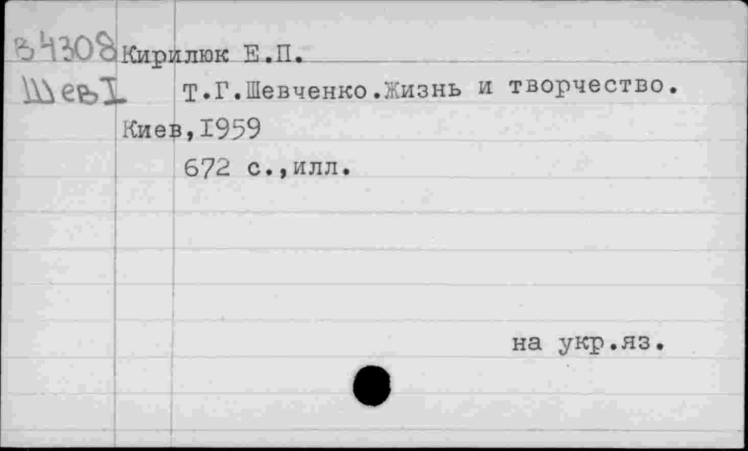 ﻿ЛЬ '^ЬО^КиТН		глюк Е.П.
	- Кие]	Т.Г.Шевченко.Жизнь и творчество. з,1959
		672 с.,илл.
		
		
		
		на укр.яз.
		
		